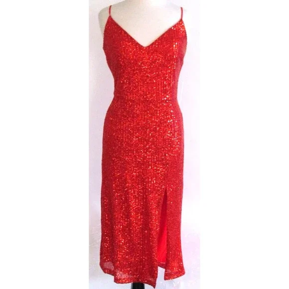 Designer Premier Amour Red Sequin Midi Length Spaghetti Strap Pencil Dress 16.R - Picture 11 of 16